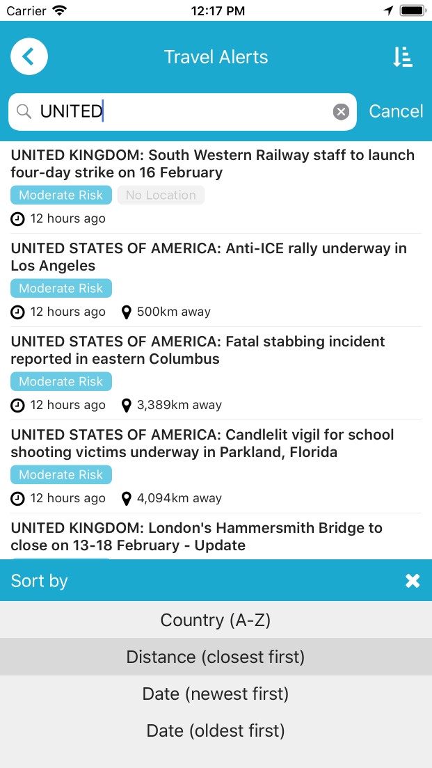 Travel Alerts list view search