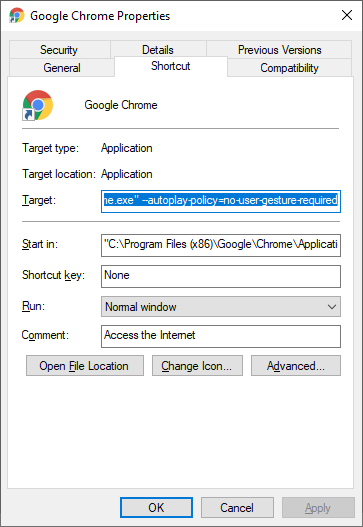 Google Chrome shortcut properties