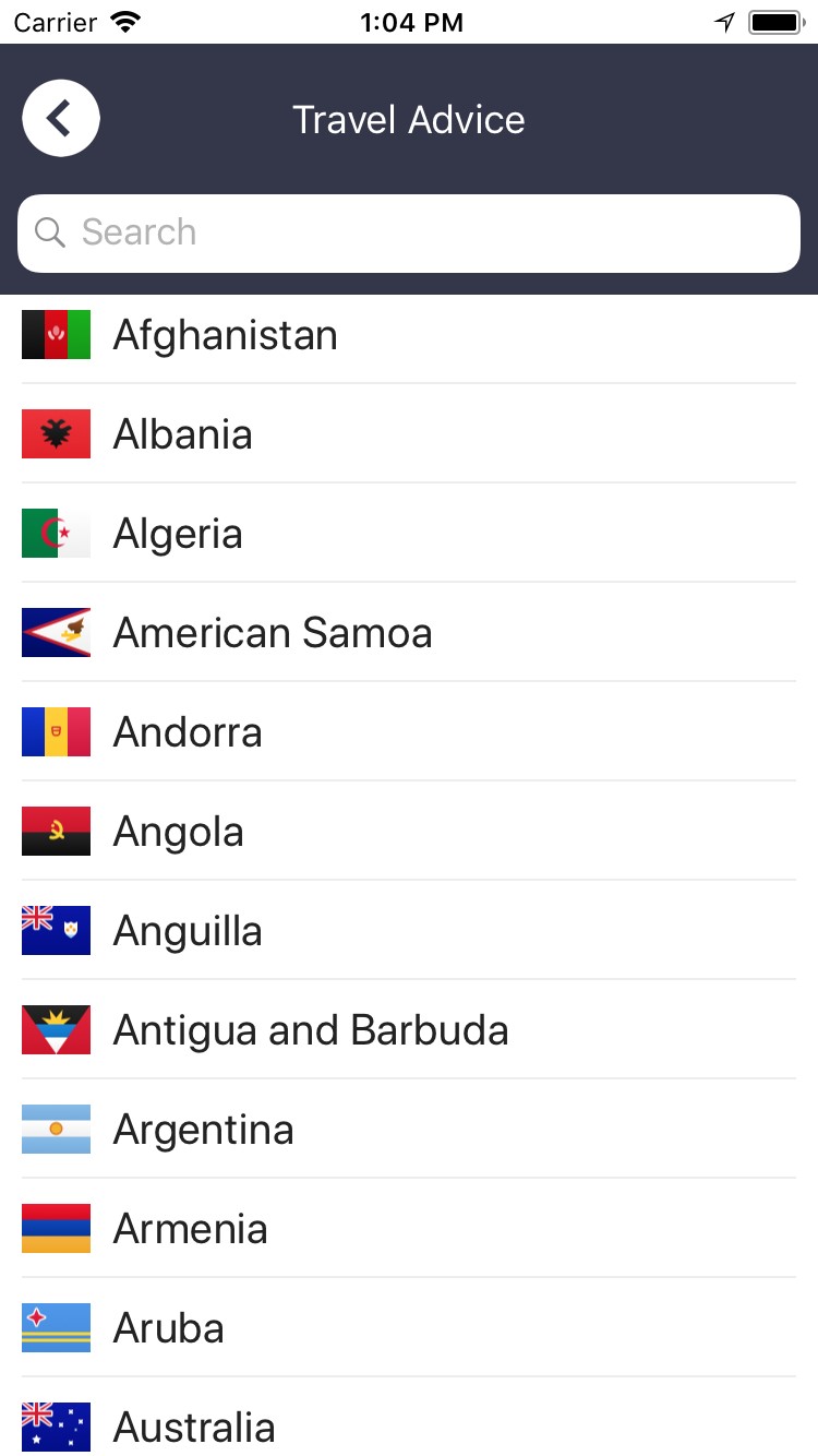 Travel Advice country list