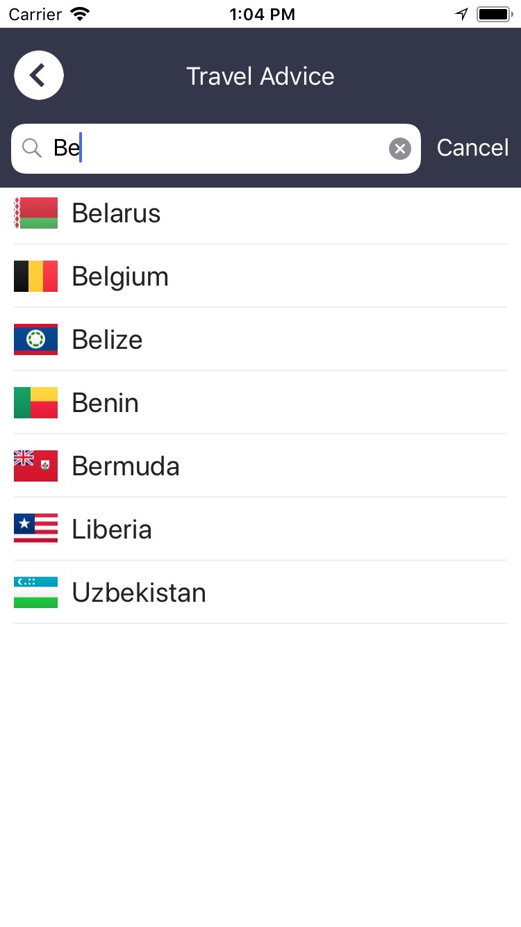 Travel Advice country list search