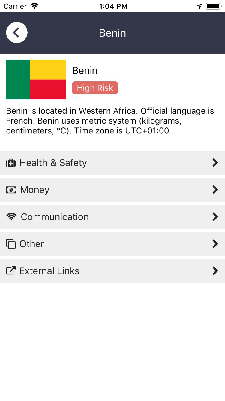 Travel Advice detail screen