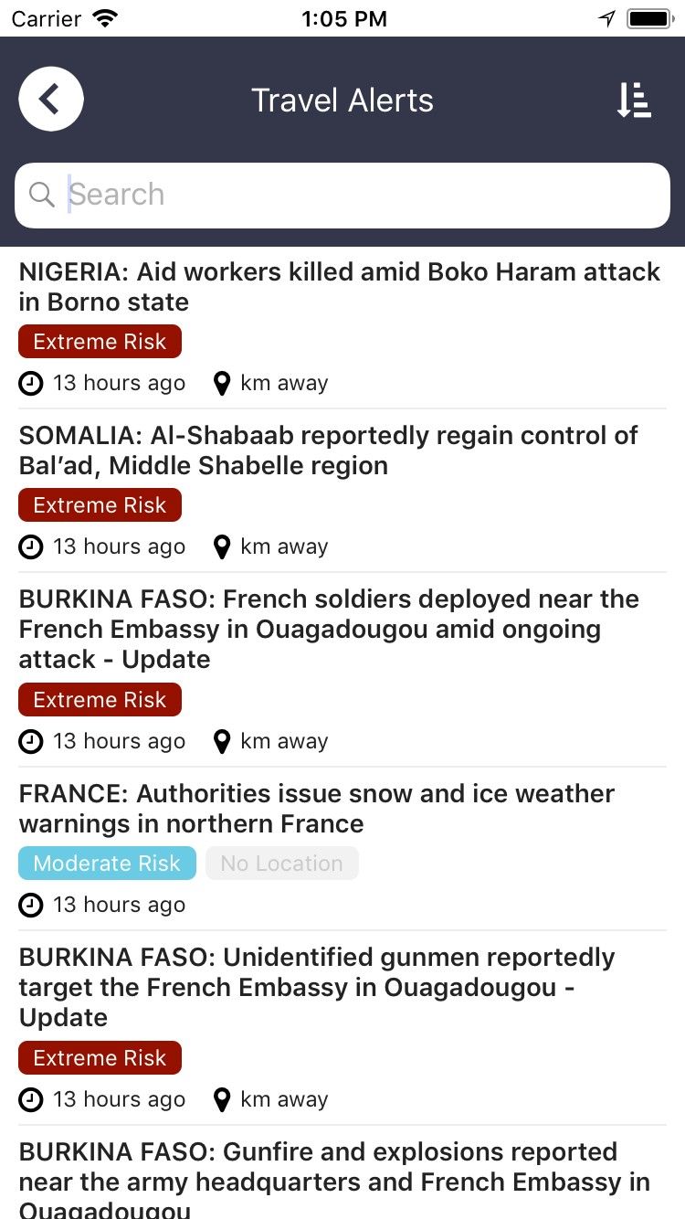 Travel Alerts list view