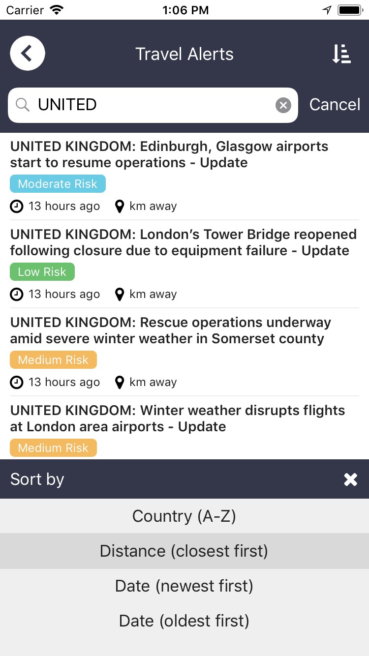 Travel Alerts list view search and sort