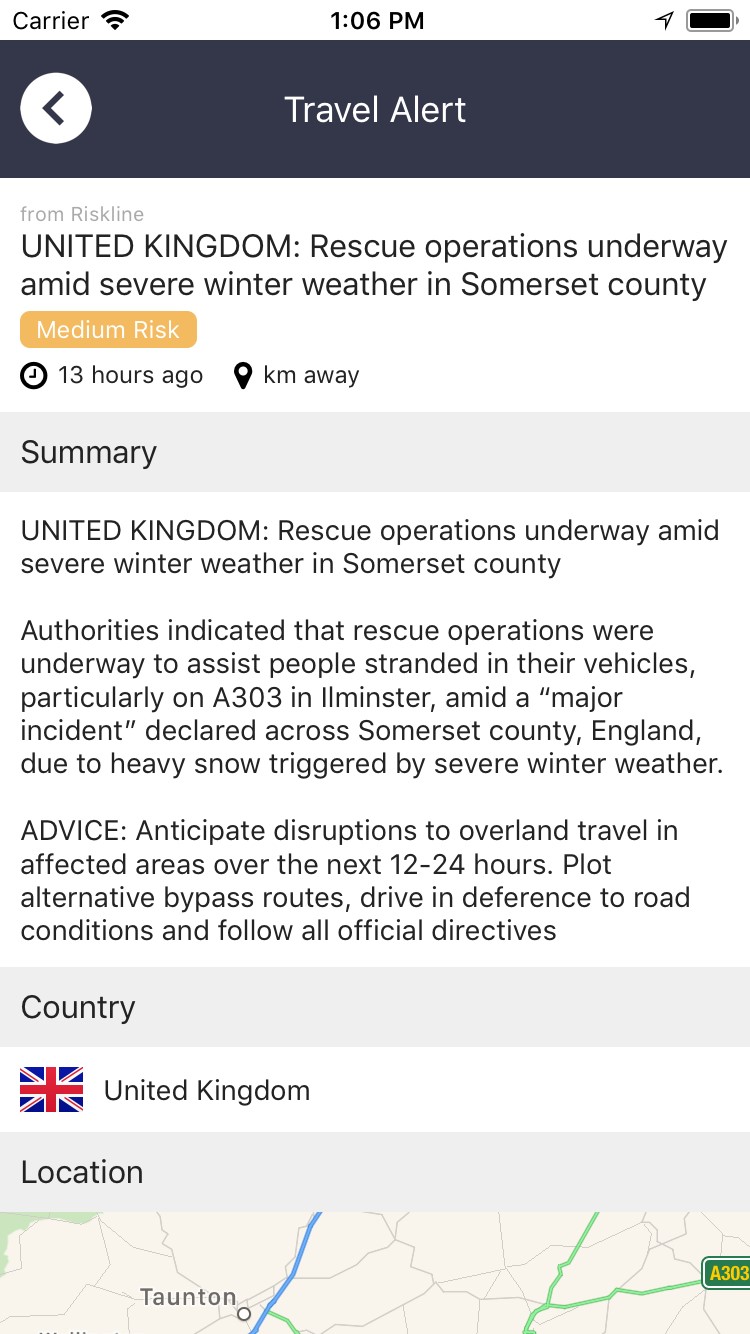 Travel Alerts detail view
