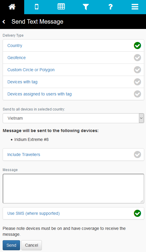 Broadcast text message by country